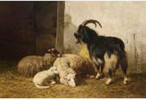 Sheep And A Goat In A Stable by Louis Marie Dominique Romain Robbe