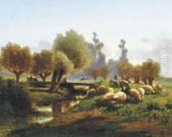 Sheep In A Meadow By A Stream - view 1