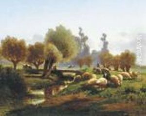 Sheep In A Meadow By A Stream by Louis Marie Dominique Romain Robbe