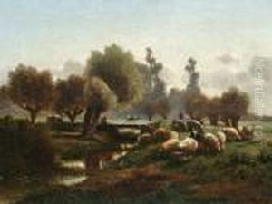 Herding Livestock Beside A River by Louis Marie Dominique Romain Robbe