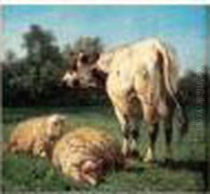 Vache Et Moutons by Louis Marie Dominique Romain Robbe