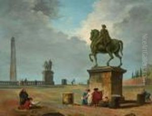 Dessinateurs Et Promeneurs Au Pied D'une Statue Equestre Dessinateurs Et Promeneurs Au Pied D'une Statue Equestre