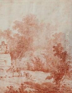 Fontaine Dans Un Paysage Italien Anime by Hubert Robert