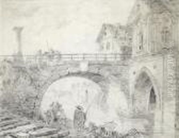 A View Of A Bridge, Leading To A Town, A Fisherman In The Foreground - view 1