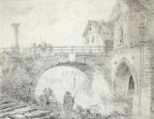 A View Of A Bridge, Leading To A Town, A Fisherman In The Foreground by Hubert Robert
