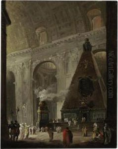 The Catafalque Of Pope Benedict Xiv In Saint Peter's by Hubert Robert