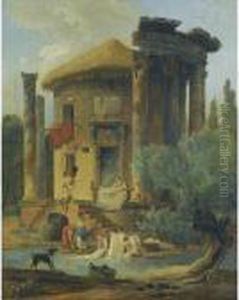 Washerwomen At The Edge Of A River, Beneath A Ruined Circular Temple by Hubert Robert