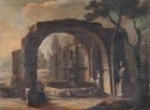 Veduta Con Arco Antico E Figure Accanto Ad Una Fontana by Hubert Robert