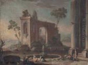 Paesaggio Con Rovine E Figure, Nei Pressi Di Una Fontana by Hubert Robert