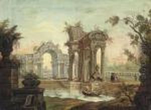 Classical Ruins Beside A Lake With Elegant Figures by Hubert Robert