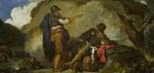 Two Soldiers Resting Beside A Stream by Hubert Robert