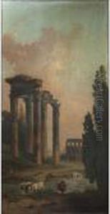 Caprice Architectural Avec Les Ruines Du Temple De Saturne Et Lecolysee Dans Le Fond by Hubert Robert