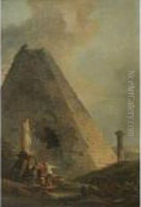A Capriccio With The Pyramid Of Cestius And Travellers In Anitalianate Landscape by Hubert Robert