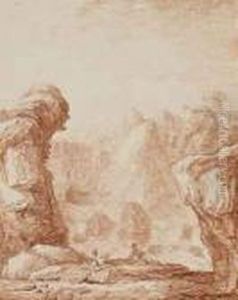 Deux Personnages Dans Un Paysage Rocheux by Hubert Robert