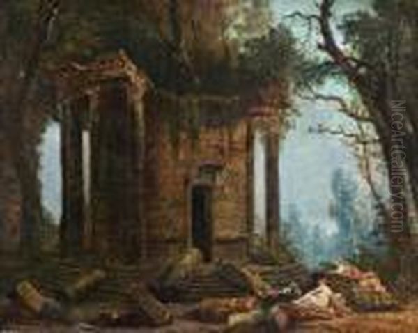 Landschaft Mit Ruine Eines Rundtempels Und Figuren - view 1