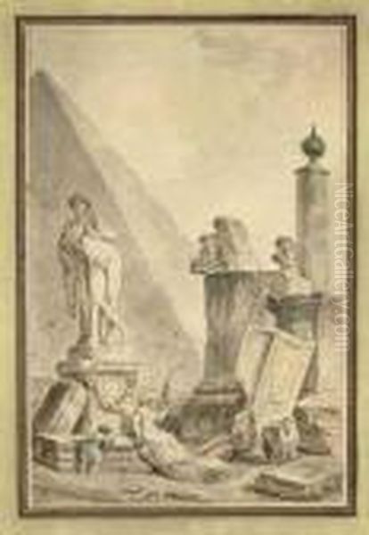 La Fileuse: Capriccio With The
Pyramid Of Cestius, A Statue Ofhercules, Roman Altars, Sarcophagi And
Amphorae, A Woman Spinningand A Child - view 1