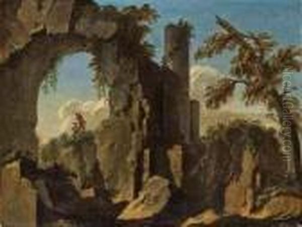 A Wooded Landscape With Two Travellers On A Path And Ruins Beyond - view 1