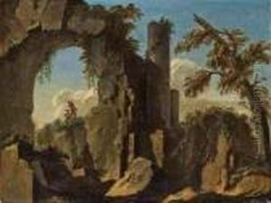 A Wooded Landscape With Two Travellers On A Path And Ruins Beyond by Hubert Robert