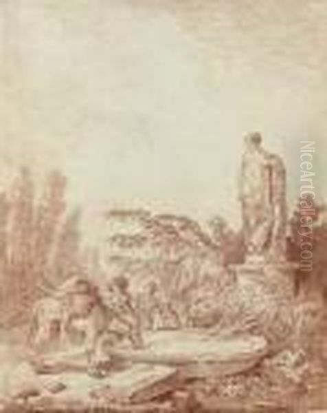 A Family Watering Their Horse At A Well, With An Antiquestatue - view 1