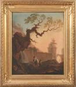Landscape With Figures Drawing Water From Awell, A Town Wall Beyond by Hubert Robert