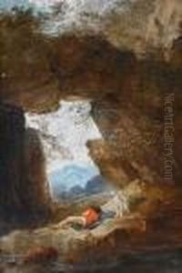 A Young Man And His Dog Resting On Rocksbeside A River by Hubert Robert