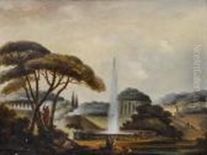 Figures Before A Fountain In A Parklandscape