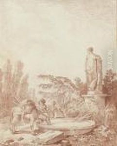 A Family Watering Their Horse At A Well With An Antiquestatue