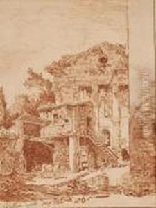 La Cour D'une Ferme Pres Du Campo Vaccino A Rome by Hubert Robert