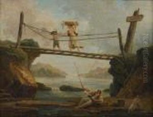 Pecheur Distrait Par Une Lavandiere Traversant Le Pont Pecheur Distrait Par Une Lavandiere Traversant Le Pont