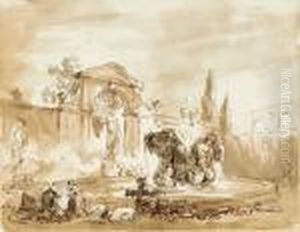 Mit Skulpturen Reich Geschmuckter Brunnen In Rom, Links Mit Zwei Waschfrauen by Hubert Robert