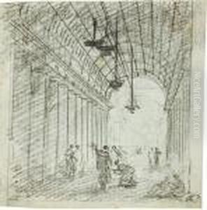 Blick In Eine Gewolbte Saulenhalle, Mit Figuren Belebt Und Mit Deckenleuchtern Blick In Eine Gewolbte Saulenhalle, Mit Figuren Belebt Und Mit Deckenleuchtern
