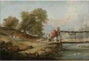 A Young Woman And Two Children Fishing From A Bridge A Young Woman And Two Children Fishing From A Bridge