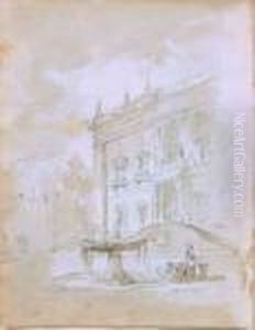 Femmes A La Fontaine Devant Une Villa. by Hubert Robert