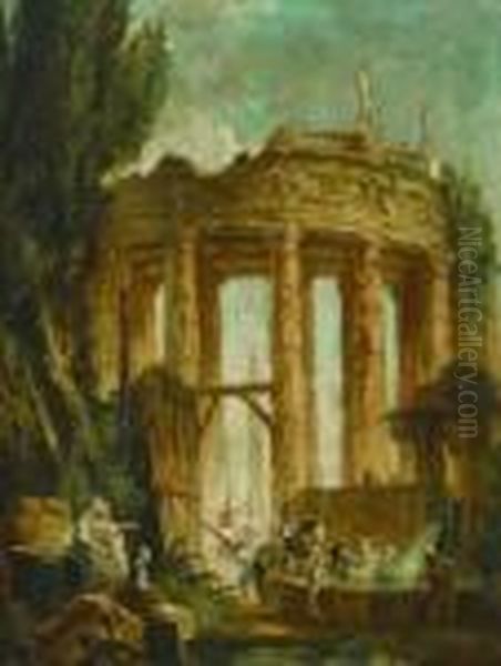 Cavaliers Et Lavandieres A La Fontaine Devant Des Ruinesantiques - view 1