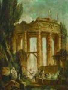 Cavaliers Et Lavandieres A La Fontaine Devant Des Ruinesantiques by Hubert Robert