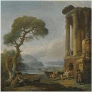 A River Landscape With An Artist
Sketching Beneath A Ruined Temple, Possibly The Temple Of The Sibyl At
Tivoli by Hubert Robert