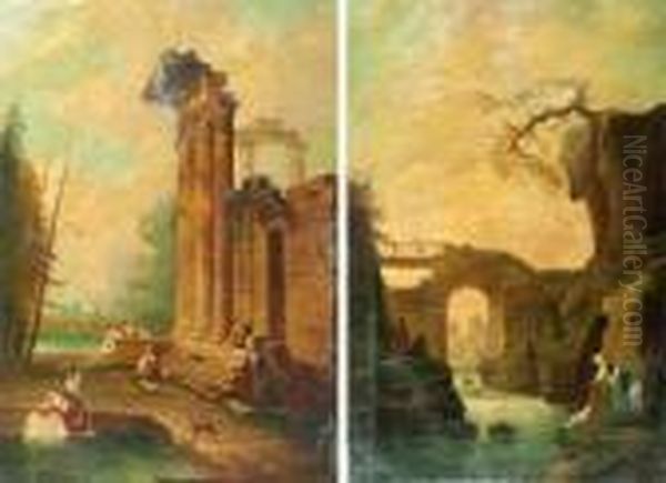 Paysage Aux Ruines Et Paysage Au Pont Animes De Personnages - view 1