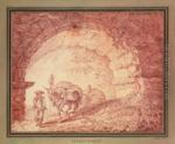 Jeune Villageois Conduisant Deux Mules Sous Une Voute De Pierre. - view 1