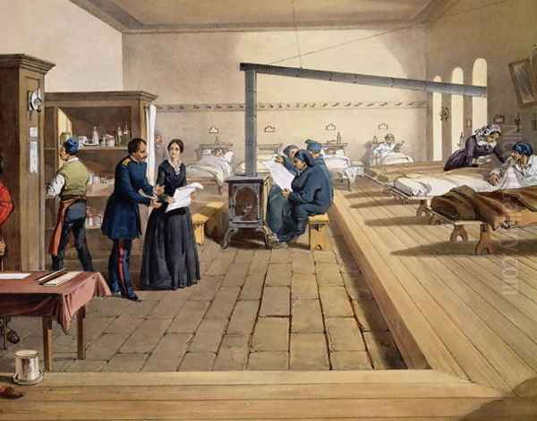 Hospital at Scutari, detail of Florence Nightingale 1820-1910 on the ward, from The Seat of War in the East, pub. by Paul and Dominic Colnaghi and Co., 1856 - view 1