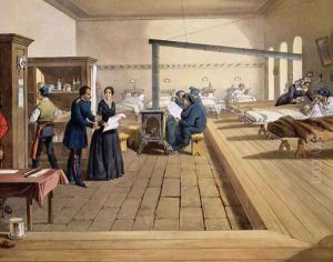 Hospital at Scutari, detail of Florence Nightingale 1820-1910 on the ward, from The Seat of War in the East, pub. by Paul and Dominic Colnaghi and Co., 1856 by William Simpson