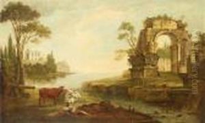 An Extensive River Landscape With A Drover Resting Beside A Stream by Hubert Robert