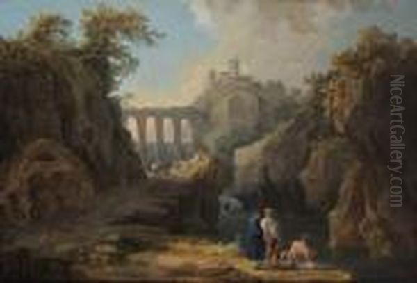Paysage Au Pont, Chateau Et Pecheurs - view 1
