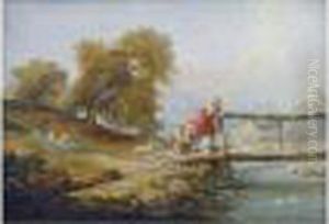 Jeune Femme Et Deux Enfants Pechant Depuis Un Pont by Hubert Robert