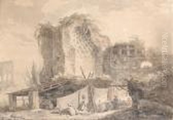 Lavandieres Etendant Du Linge Dans Les Ruines D'un Edifice - view 1