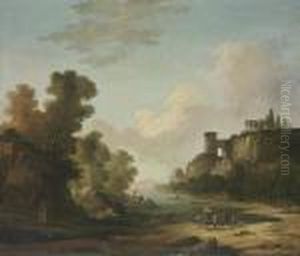 Figures On The Banks Of A Lake With Classical Ruins
