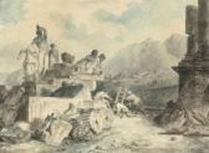 Capriccio Of Classical Statues With Amateur Archaeologists Excavating Ruins