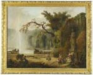Figures By An Ornamental Fountain by Hubert Robert