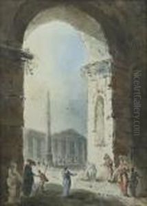 Personnages Dans Des Architectures Classiques Avec La Colonne Trajane Et Le Pantheon by Hubert Robert