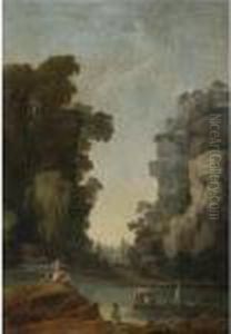 An Artist (possibly Hubert
Robert) And A Female Companionobserving A Boating Party In An Extensive
Park by Hubert Robert