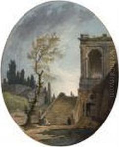 A Capriccio Of Classical Ruins 
With A Staircaseleading From A Pool To A Loggia, A Temple And An 
Obeliskbeyond